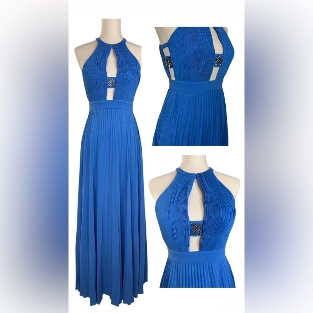 Laundry By Shelli Segal Cobalt Blue Pleated Halter Maxi Gown